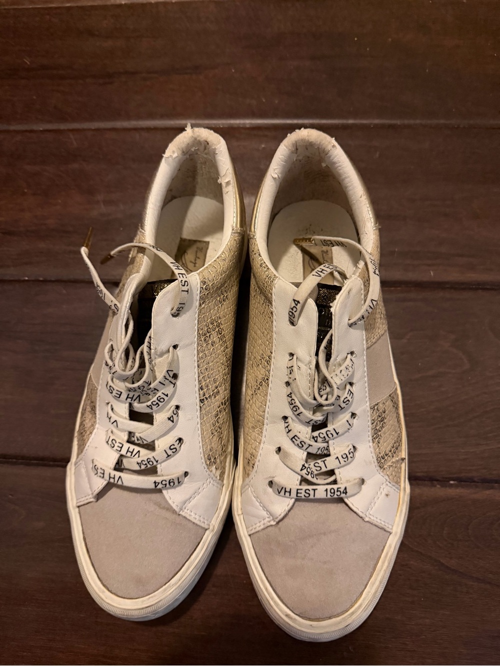 Vintage Havana Beige and Metallic Gold Low-Top Sneakers
